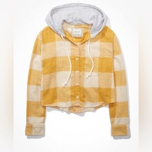 AEO Cropped cotton Flannel Plaid Button Down Hooded Shirt Yellow Cream S